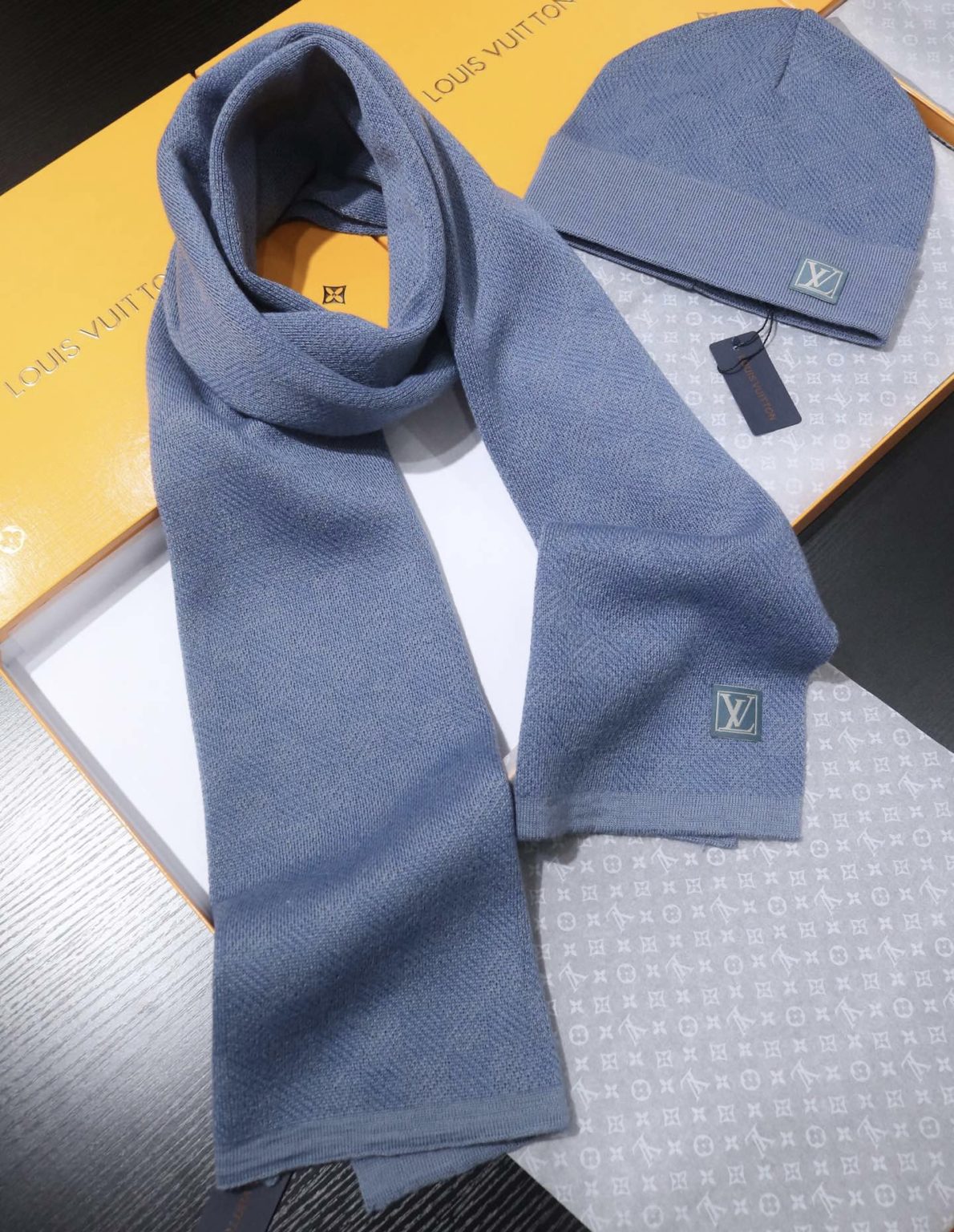 Louis Vuitton Light Blue scarf & hat set billionairemart