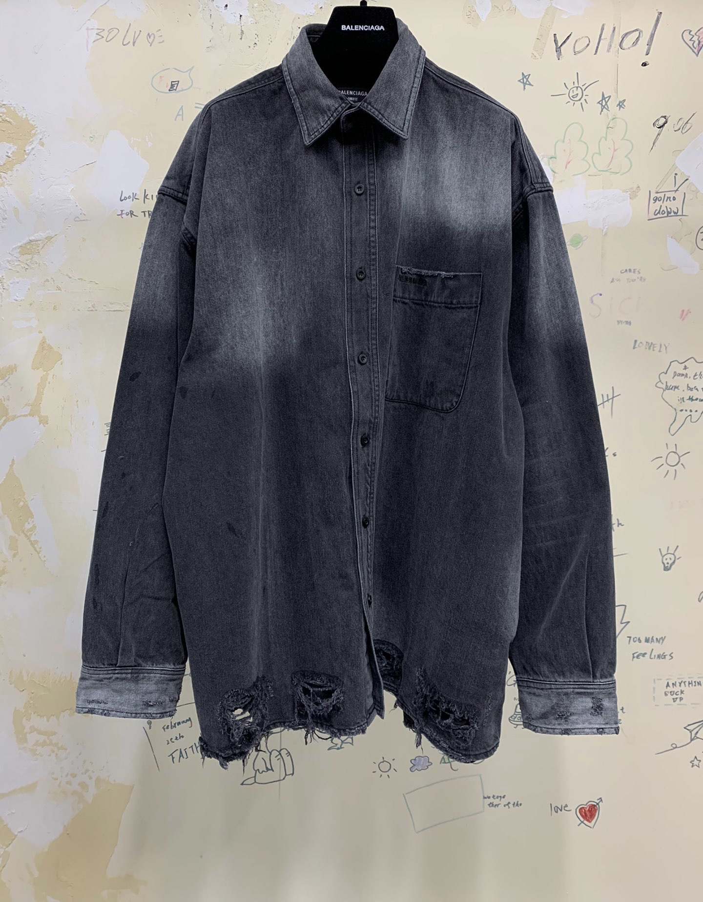 Balenciaga Ripped Shirt in stonewashed black denim – billionairemart
