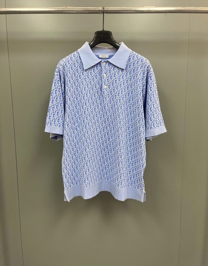 DIOR OBLIQUE POLO SHIRT Blue Cotton Jacquard – billionairemart